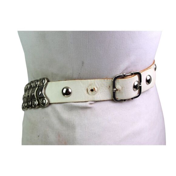 EMBELLISHED WHITE REAL LEATHER METAL 1 1/8"Wd DRESS CASUAL WOMEN'S BELT S (A73 - Picture 5 of 11